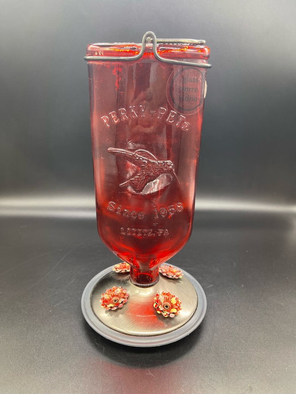 Hummingbird Feeder by Woodstream Corp Red Glass Perky Pet Since 1958 Lititz PA